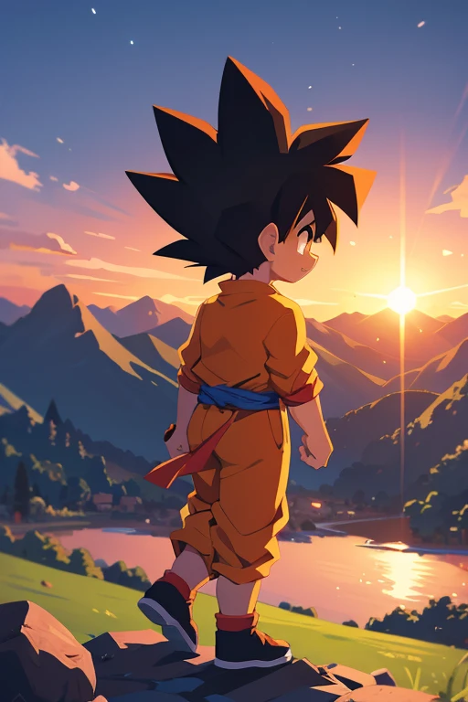 Goku boy, walking in the mountains, atardecer
