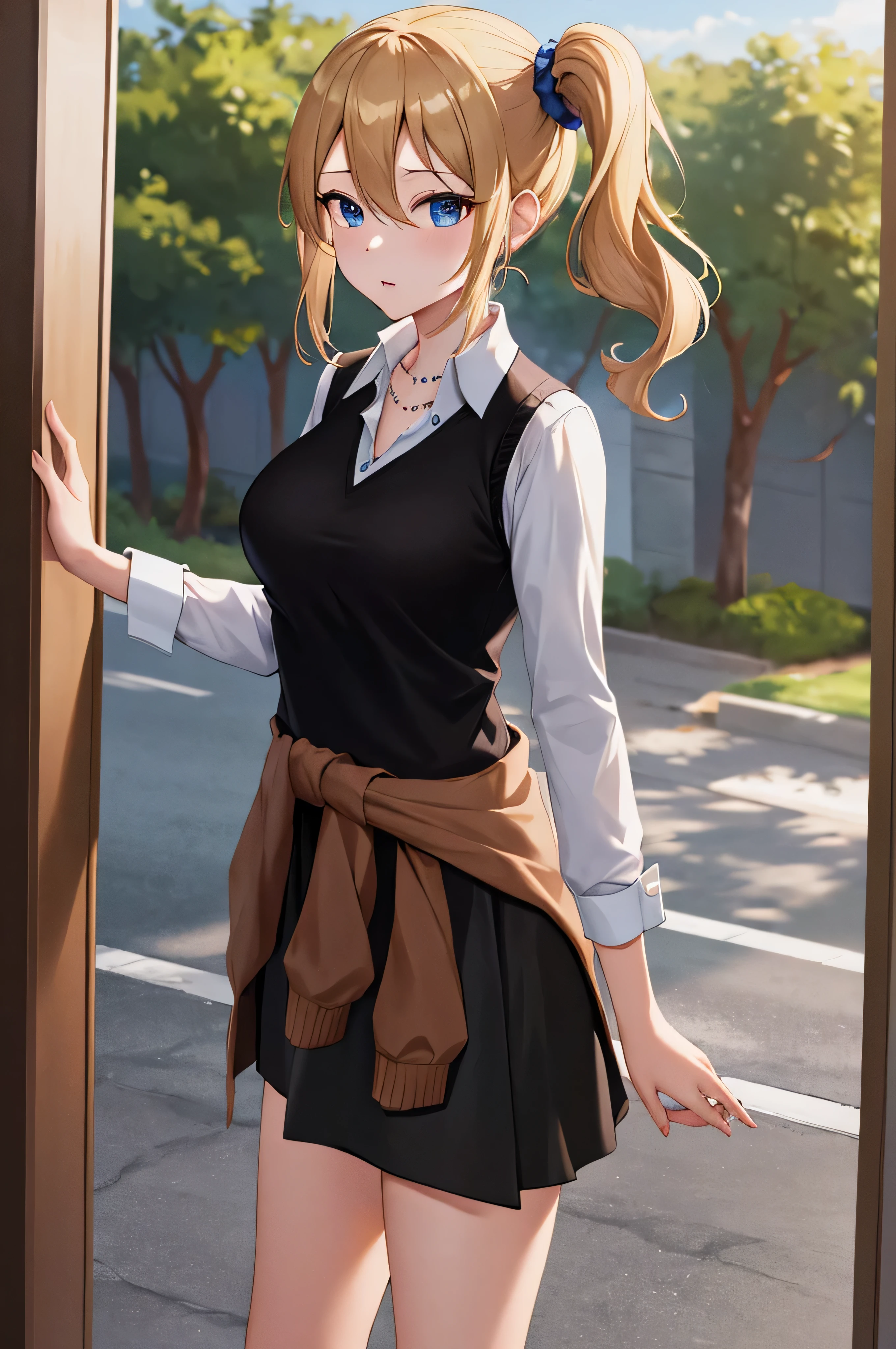 masterpiece, best quality, highres, aahayasaka, side ponytail, medium breasts, necklace, collared shirt, black vest, sleeves rolled up, clothes around waist, black skirt, outdoors, standing, cowboy shot