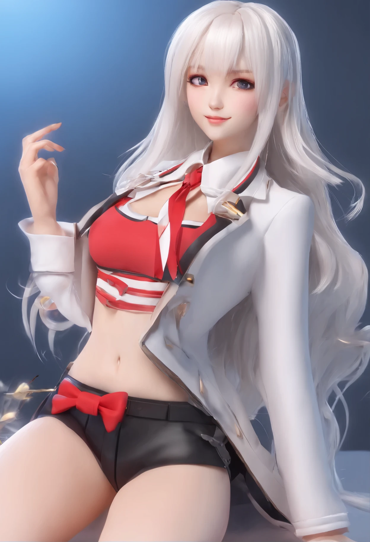 High school girl, long  white hair, Long hair and waist， White ribbon, Black eyes, Beautiful body, Beautiful hair, Smile，White low-cut suit,E cup , Knee socks,black leg rings，does not wear panties , full bodyesbian