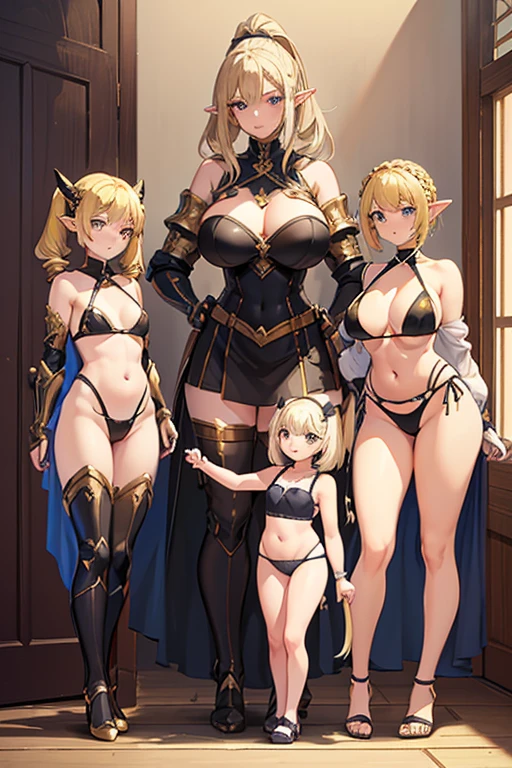 mother and two daughters (mother: at the center, tall, wide hips, elf pointy ears, full body, standing, revealing gloves, curvy, huge breasts, bikini armor, blonde hair, ponytail hairstyle) (one daughter: at left, shortstack, small girl, wide hips, elf pointy ears, full body, standing, revealing gloves, blonde hair, drill hair, twintails hairstyle, bikini armor) (one daughter: at right, shortstack, small girl, wide hips, elf pointy ears, full body, standing, revealing gloves, blonde hair, bob cut hairstyle, bikini armor)