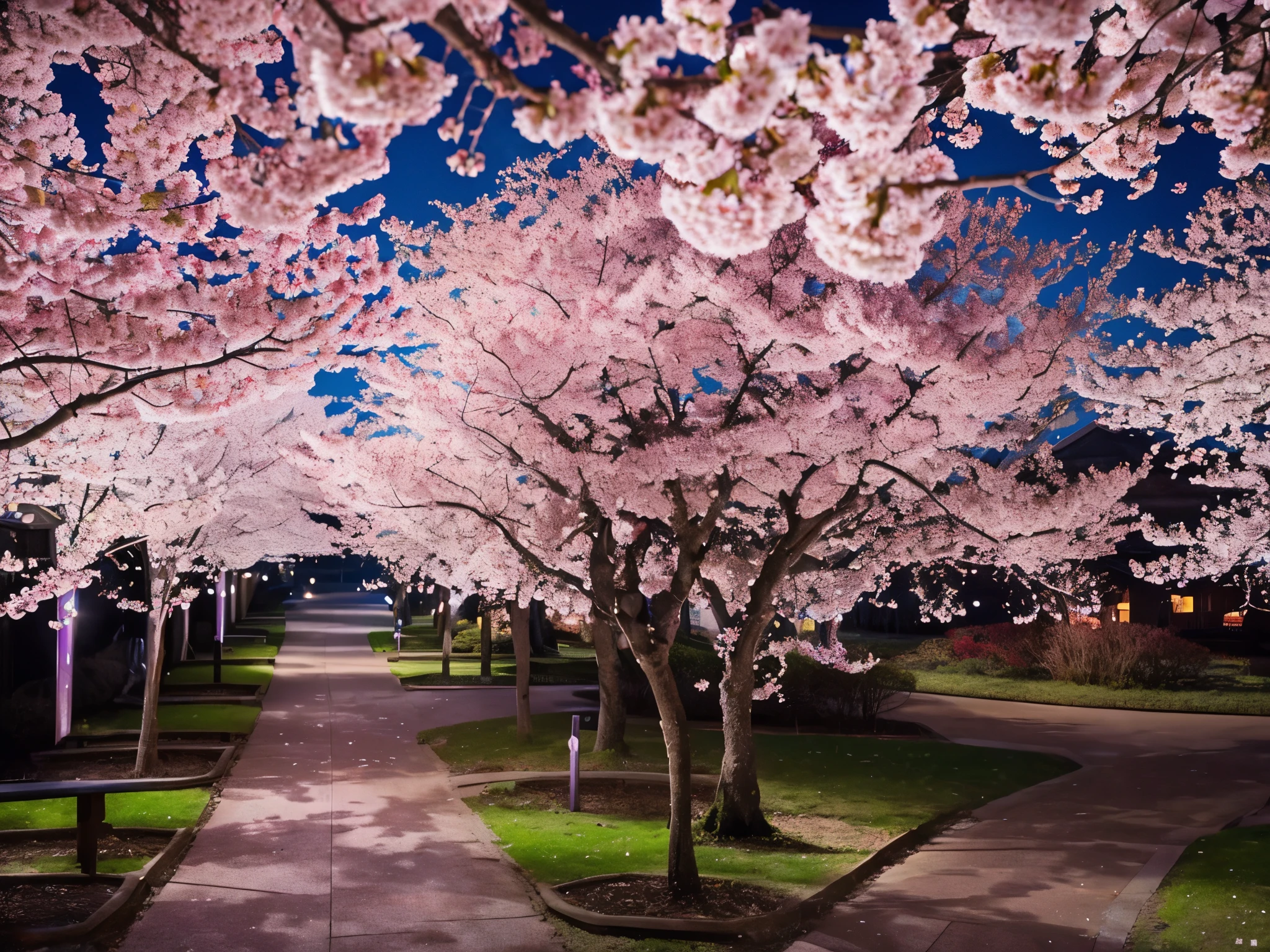 The infinitely expanding universe、Cherry blossom petals are falling。Random rise、In the foreground there is a large cherry tree in full bloom.、Its petals are scattered across space。A blue planet where you can see the Earth、The red and purple nebulae create a mysterious worldview.。