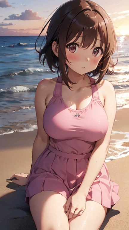 Maho Nishizumi,
Pink Swimsuit,Pink Skirt,
Semi-short hair,Brown Hair,Brown Eyes,Big Breasts,
Confused expression,blush,Open your mouth,From the side,
Sunset beach,Seaside,Sit on the ground,
Beautiful image quality,