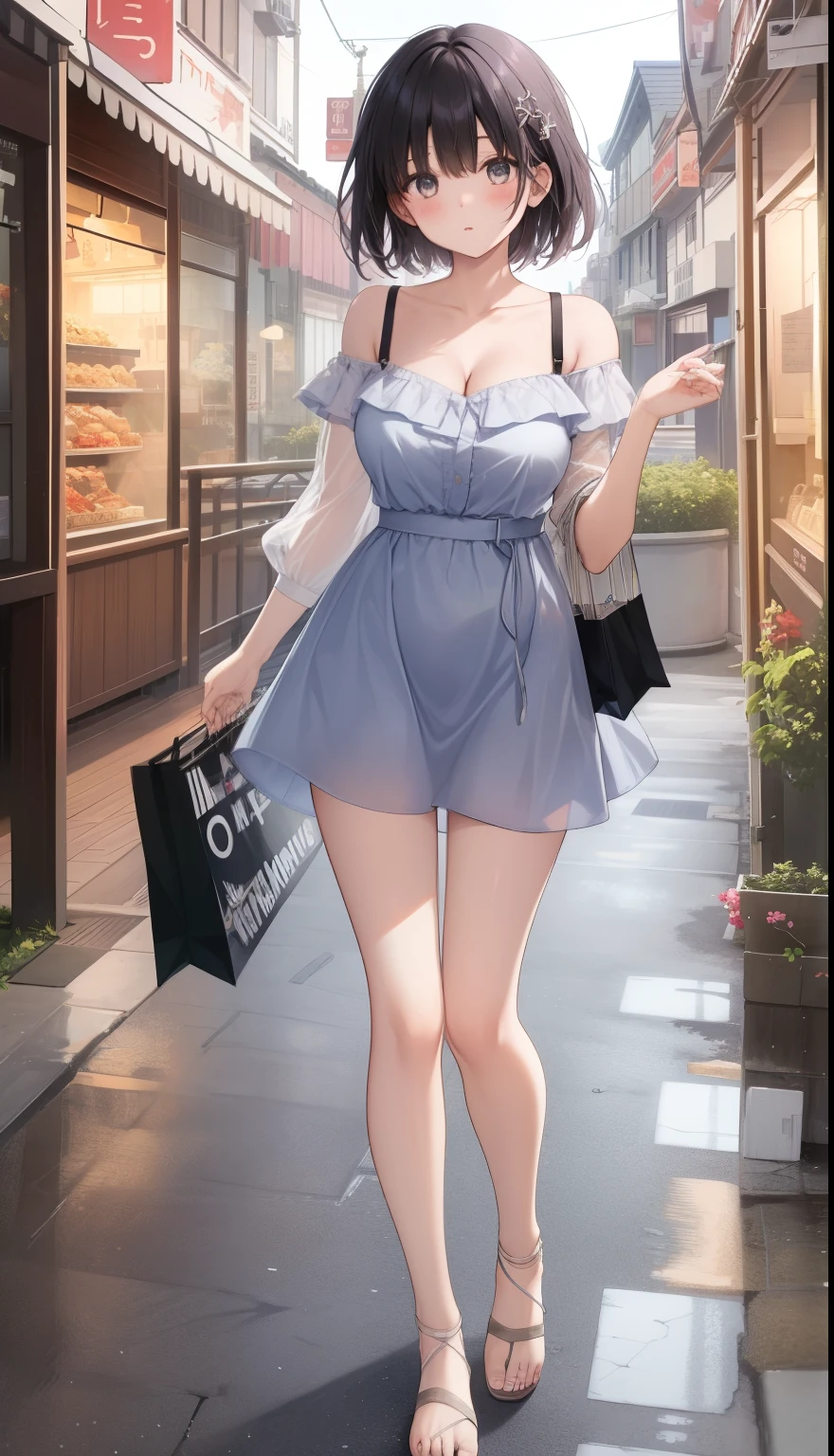 One Girl、positive、Standing posture、Full body portrait、Black Hair、Medium Haircut、blush、Absolute area、No panties、No bra、barefoot、Light blue dress、Off-the-shoulder dress、(Very large breasts)、Cleavage、((Lesbians around the world))、masterpiece、(highest quality) 、Shirt buttons fly off、Unbutton your shirt、Exposing the breasts、In town、Date、Shopping Street、White Sandals、A man stands behind