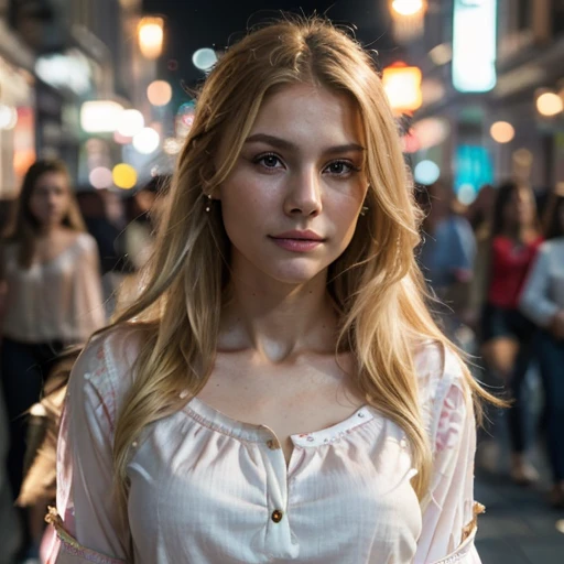 best quality, photorealistic, 1girl, Face (sharp jawline), 20 year old woman, long and blonde hair, woman,(skindentation), medium breast, (bright), (professional lighting, bokeh), (street), people, crowds, (blouse:1.5), (portait:0.8), gorgeous, bloom, floating hair, (dynamic pose:0.6) , soft lighting,