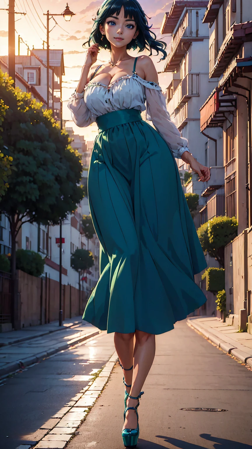 ((Best quality)), ((masterpiece)), (anime), a beautiful sexy woman walking  in a long skirt, a blouse and platform high heels, blue eyes, green hair, smooth skin, cleavage, ((full body)), smile, shoulders exposed, anime, green eyes, maomao, Under street lights, ((Sunset Dusk)), (((park))), curvu body, ((woman)),