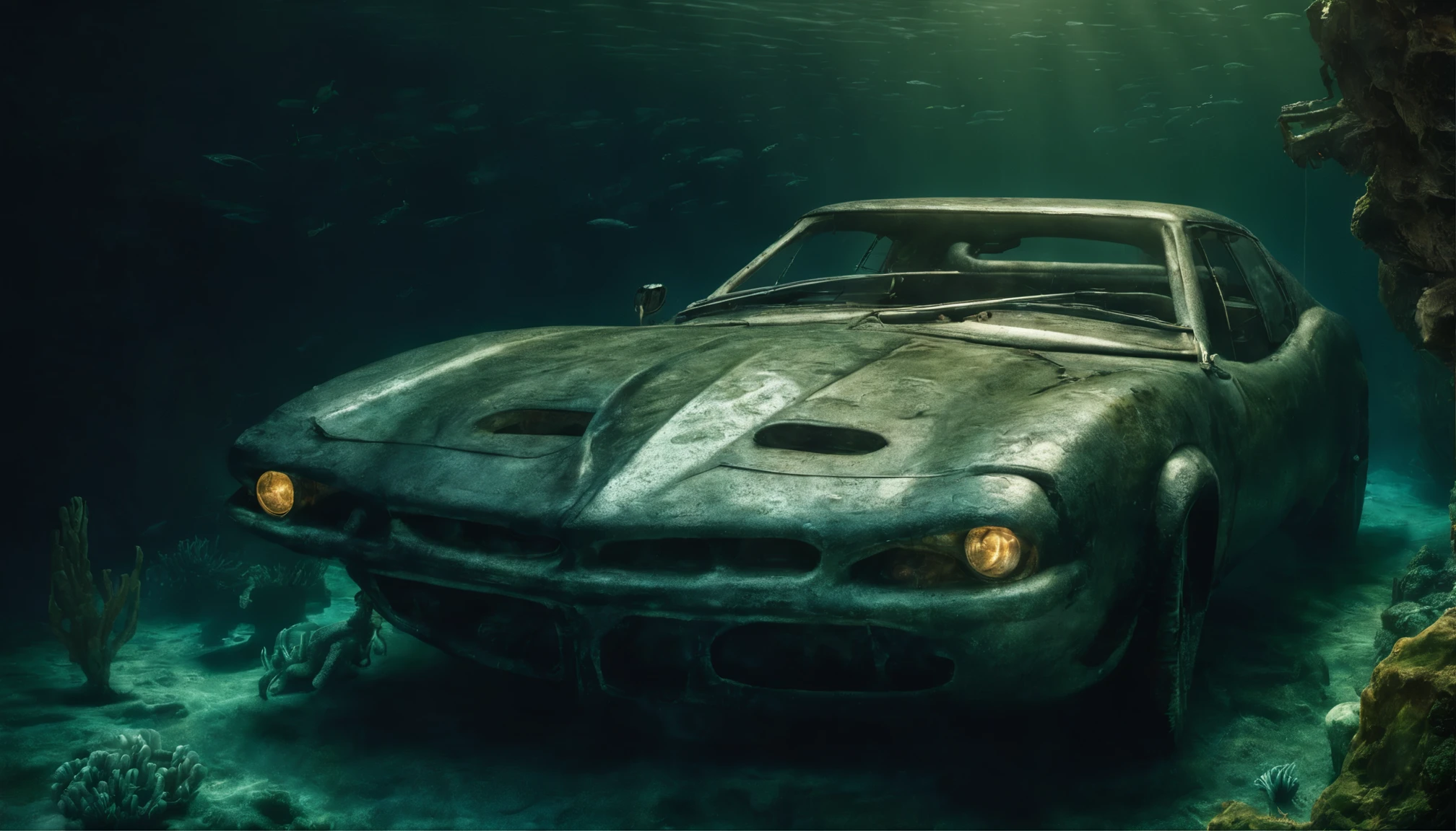 There's a sports car at the bottom of the ocean, surrounded by marine life. Light breaks through the water, creating mystical lighting. The car is partially covered with seaweed and coral, which emphasizes his prolonged stay under water. A variety of fish and other marine life swim around.
Details for creating a picture:
Main object:
sports car (Sports car).
Clean lines and modern car design, but with elements of corrosion and fouling by algae and corals.
ambient:
Ocean floor, covered with sand and stones.
Marine flora: algae, armed, sea grass.
Marine fauna: various types of fish, Maybe, small sharks, Jellyfish.
Lighting & Atmosphere:
Scattered light, penetrating through the water from above, creating soft light rays.
Shadows & Depth, giving the image realism.
Bluish and greenish shades, characteristic of the underwater environment.
Additional elements (Optional):
Shipwrecks or old chests in the distance to add ambience.
little air bubbles, rising from the car.
Style and mood:
Realistic style with high detail.
Mystical and slightly mysterious atmosphere.
Combination of modern and natural.
Technical specifications:
a high resolution.
Realistic stylization.
Detailed elements of the car and the underwater world.
Effective use of light and shadow to create depth and realism.
