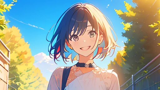 (masterpiece, highest quality, highest quality, Official Art, beautifully、beautiful:1.2), 1 girl,Daytime,blue sky,Cute older sister,Short sleeve,Upper Body,front,short hair,Hair color: Brown,Smile with mouth slightly open,whole body