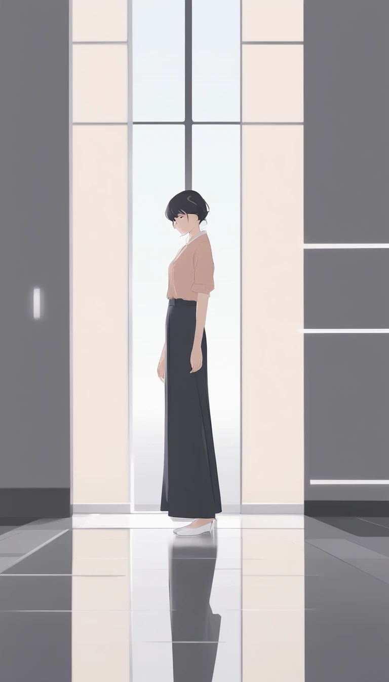 In the anime art style, a girl standing at a distance in a room