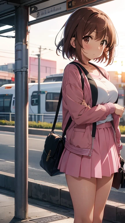 Maho Nishizumi,
Pink jacket,Pink Skirt,
Semi-short hair,Brown Hair,Brown Eyes,Big Breasts,
Confused expression,blush,shut up,From the side,
Sunset Station,Upright posture,Black shoulder bag, beautiful image quality,