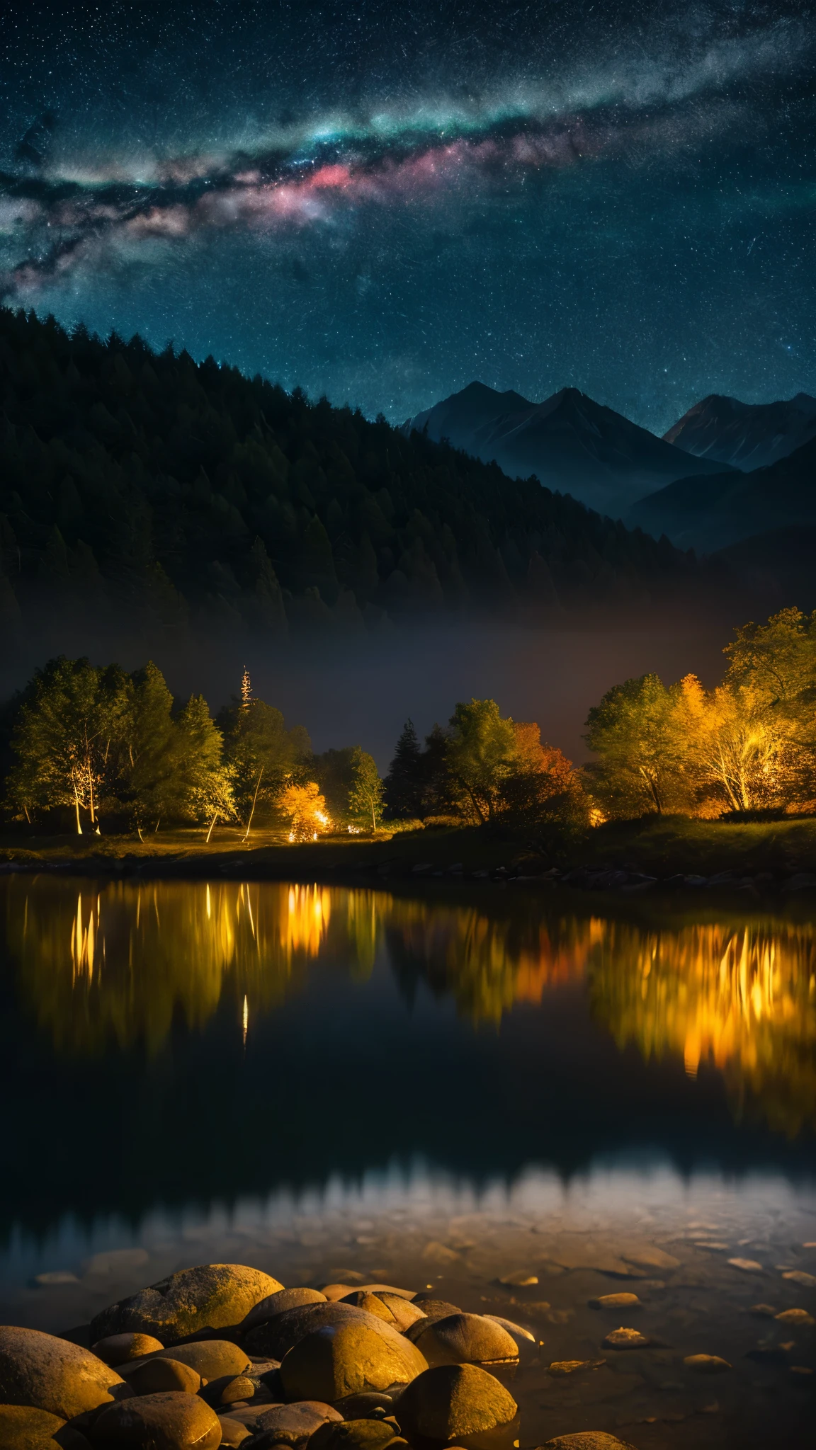 4K,{Dynamic},Ultra-fine,(nigh sky:1.5),(masutepiece),(Best Quality, High quality:1.4),,Hyper realistic,Dynamic,Perfect Anatomy,A serene landscape by water under a star-studded sky, leading to a warmly lit room, evoking tranquility and comfort.