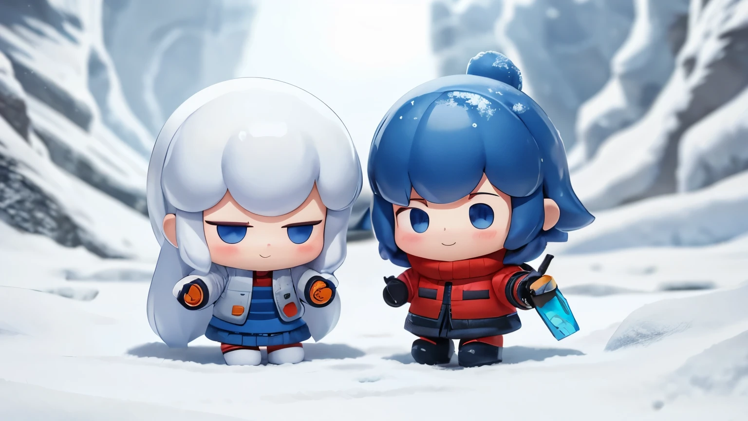 The following scenes will be expressed using chibi girl dolls.（Photo realism、Take a commemorative photo in the Vatnajökull glacier cave、Smile、Cute winter clothes、Hold two pistols，Ready to fight）