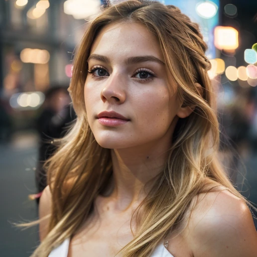 best quality, photorealistic, 1girl, Face (sharp jawline), 20 year old woman, long and blonde hair, woman,(skindentation), medium breast, (bright), (professional lighting, bokeh), (street), people, crowds, (top :1.5), (portait:0.8), gorgeous, bloom, floating hair, (dynamic pose:0.6) , soft lighting, 
