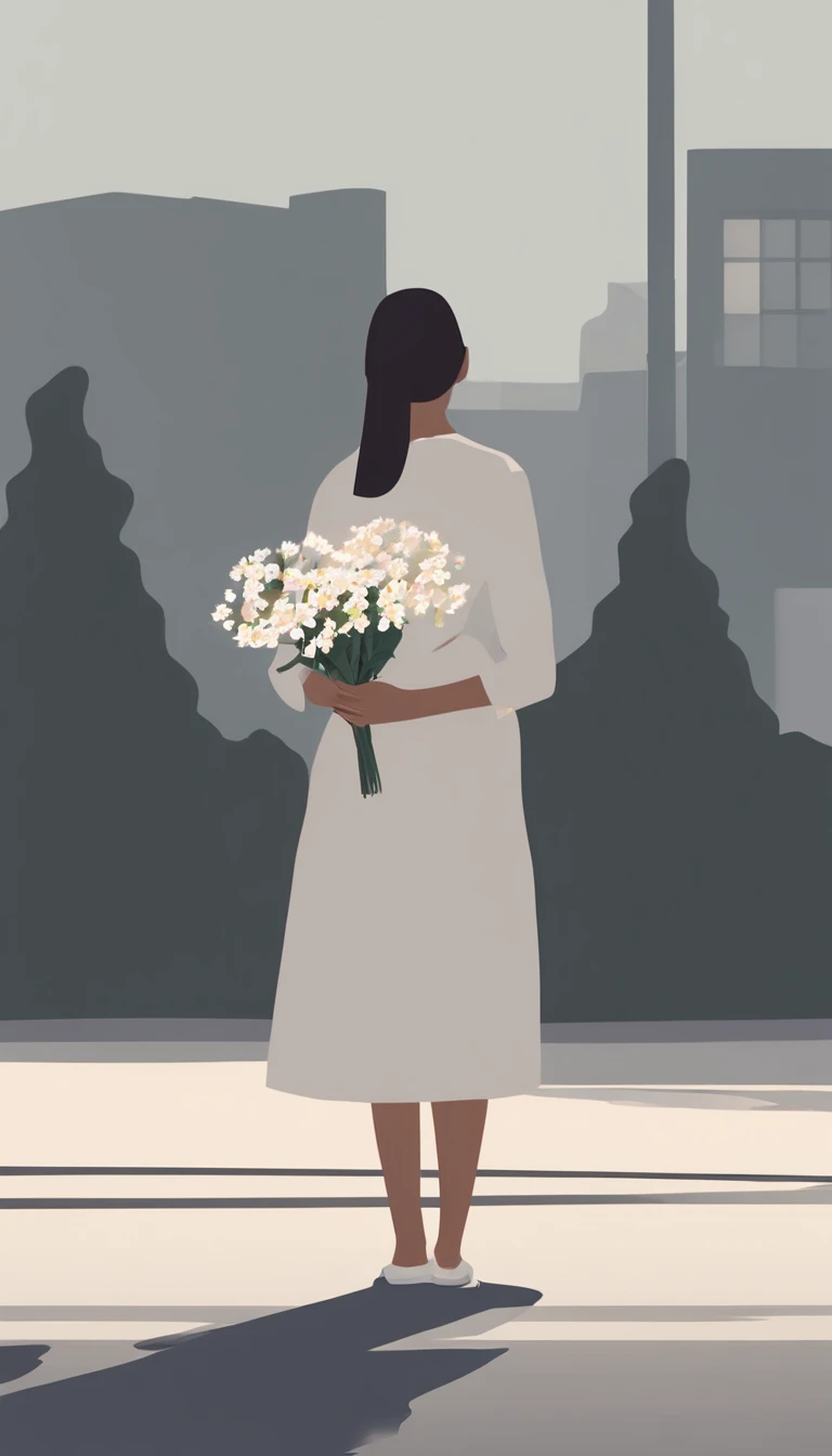 A girl holding a flower in the middle of a road in a suburb