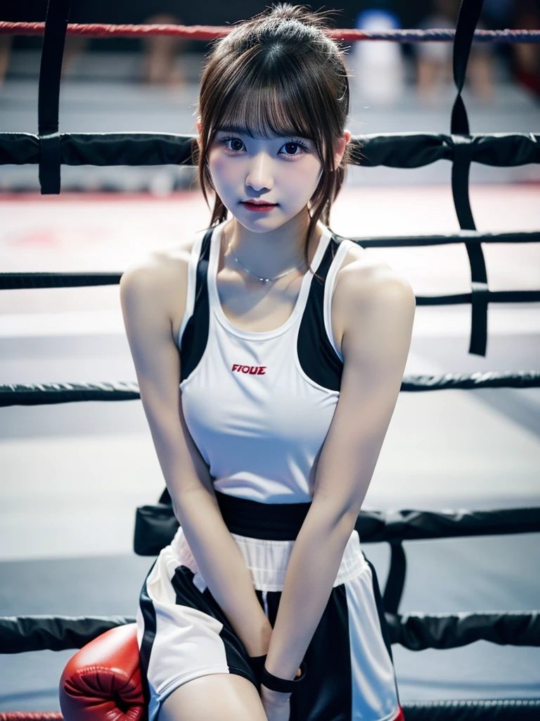 high quality,High resolution,16k,Sharp lines,1 girl,Female Boxers ,Cute Face, Big Breasts, Beautiful legs,At the boxing venue,Focus Girl,Beautiful face in every detail,Detailed clothing,Beautiful Eyes,nice,Dynamic Angle,Asian,Realistic, Photorealism