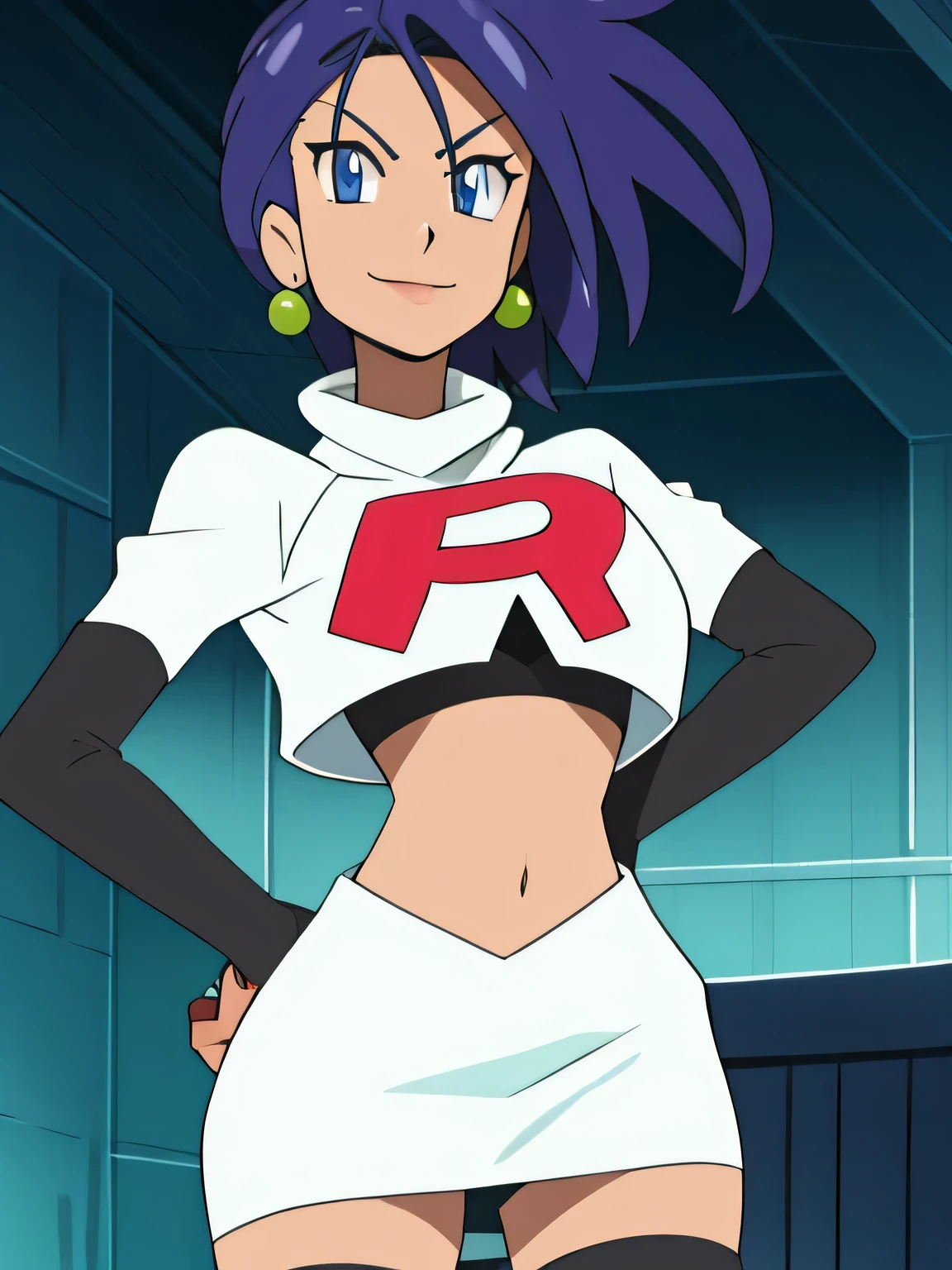 defShamir, earrings, glossy lips, team rocket uniform, red letter R, white skirt, white crop top, black thigh-high boots, black elbow gloves, evil smile, hands on hips, anime art style, detailed facial features, highly detailed, 8k, photorealistic, vibrant colors, dramatic lighting, cinematic composition, zettai ryouiki, cowboy shot
