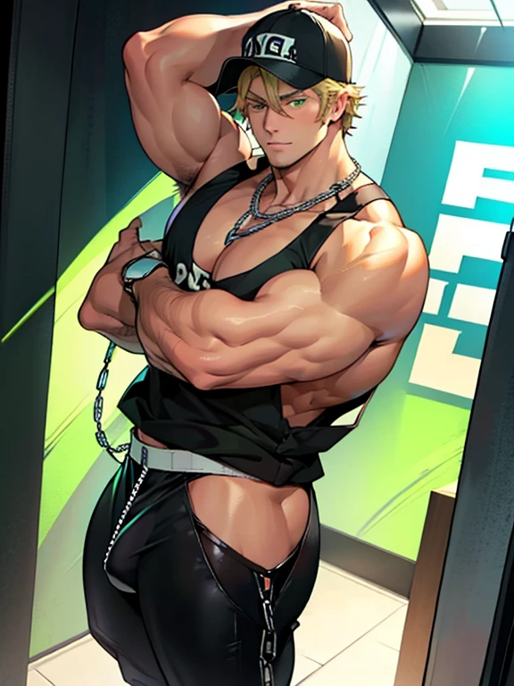 oung man, short blond hair, handsome face, tired expression, green eyes, large muscles, hyper pectoral, thick thigh, large butt. He's wearing a low-cut tank top, black pants, a backwards hat, and a silver chain around his neck, Big bulge