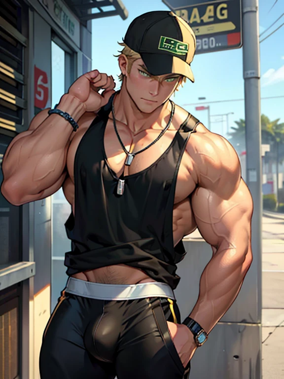 oung man, short blond hair, handsome face, tired expression, green eyes, large muscles, hyper pectoral, thick thigh, large butt. He's wearing a low-cut tank top, black pants, a backwards hat, and a silver chain around his neck, Big bulge
