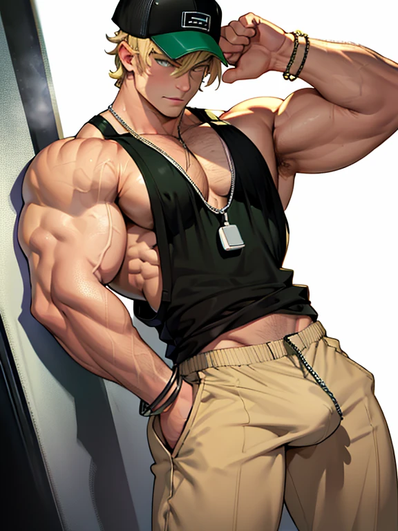 oung man, short blond hair, handsome face, tired expression, green eyes, large muscles, hyper pectoral, thick thigh, large butt. He's wearing a low-cut tank top, black pants, a backwards hat, and a silver chain around his neck, Big bulge