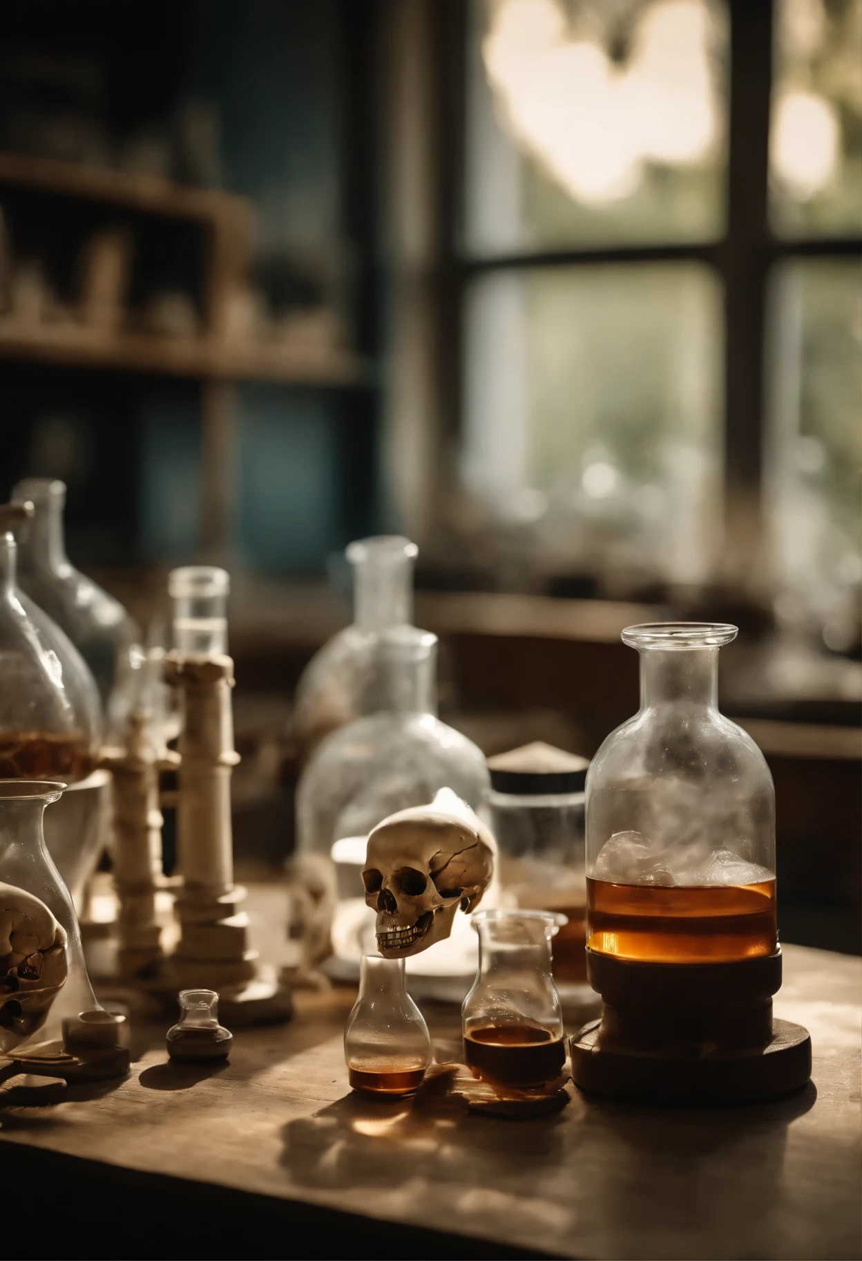 Old science lab Anatomy Human Model Animal bones beaker、flask、Test tube、Experimental equipment、Empty classroom、Diagonal light、after school、Wide-angle lens 、Macro Lens In focus、Leica Lens、A scene from a movie