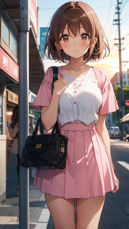 Maho Nishizumi,
Pink jacket,Pink Skirt,
Semi-short hair,Brown Hair,Brown Eyes,Big Breasts,
Close both eyes,blush,narrow your mouth,from the front,
Sunset Station,Upright posture,Black shoulder bag, beautiful image quality,