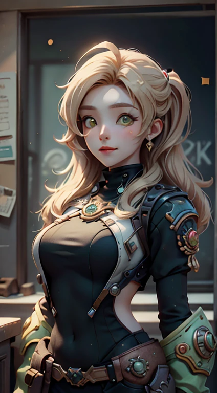 highest quality, masterpiece, Eye Reflexes, highest quality, masterpiece, mercy Eye Reflexes, alone, A perfectly sculpted body, blonde,Overwatch Mercy Style Hairstyle, Green Eyes, Two Arms, , Practical belt, alone, command room, 8k, masterpiece, High resolution, Absurd, Natural volumetric lighting and great shadows, The depth of the written world, Sharp focus, Mischievous face, very delicious, Medium chest, Warhammer 40K elements, Ultra-detailed landscapes, goddess