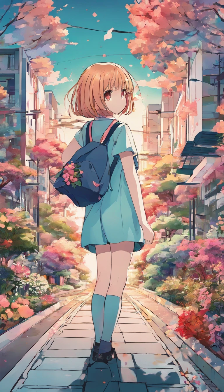 A girl holding a flower in the middle of a road in a suburb