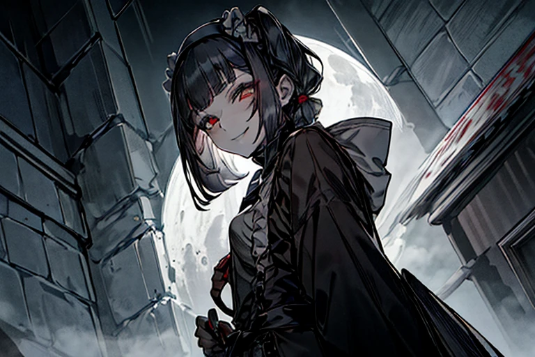 White Mask、surgical mask, From below、Low - Angle、From below、full moon、night、🌕、Black pleated skirt、Horror、Goth Punk、Long Hair、Twin tails、Disheveled Hair、length、Blunt bangs、Ahegao ( fool / Sexual Ecstasy)、Dark shades、Maid、Black Hair、Grinning smile