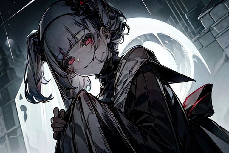 White Mask、surgical mask, From below、Low - Angle、From below、full moon、night、🌕、Black pleated skirt、Horror、Goth Punk、Long Hair、Twin tails、Disheveled Hair、length、Blunt bangs、Ahegao ( fool / Sexual Ecstasy)、Dark shades、Maid、Black Hair、Grinning smile