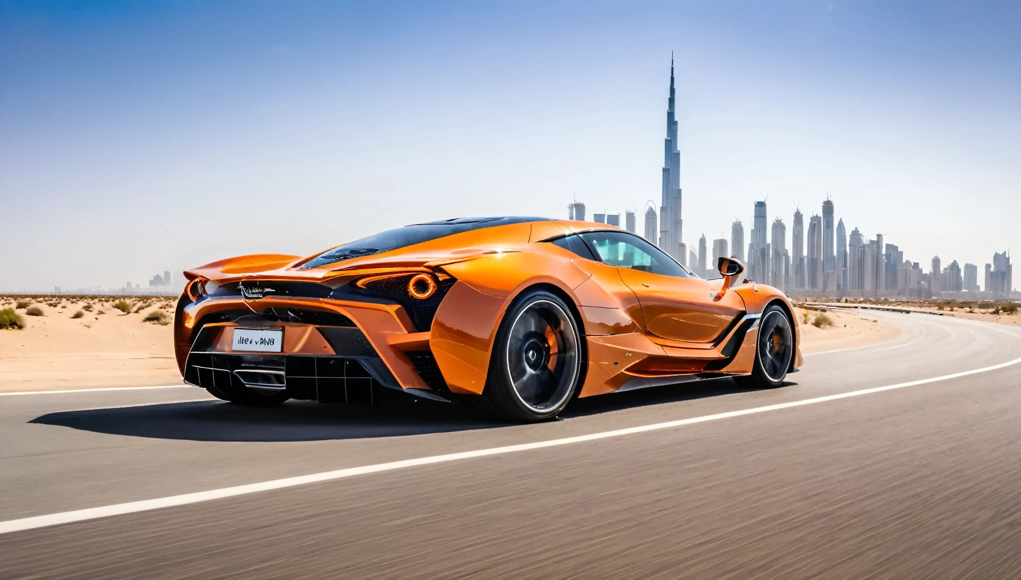 Create an image of a sleek, orange supercar speeding down an empty highway. The car is a high-performance sports model with a futuristic design, featuring aerodynamic curves and sharp edges. The scene is set in a vast desert with sandy dunes on either side of the road. In the background, a modern city skyline with towering skyscrapers, including distinctive buildings like the Burj Khalifa, rises dramatically against a clear blue sky. The lighting is bright, suggesting a sunny day, and there is a lens flare effect from the sun. The perspective is dynamic, emphasizing the car's speed and power as it approaches the viewer, with the road lines converging towards the city in the distance.
