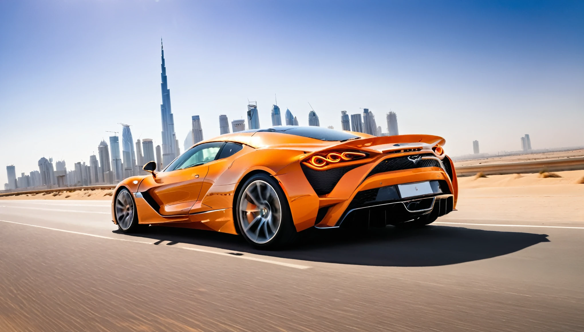 Create an image of a sleek, orange supercar speeding down an empty highway. The car is a high-performance sports model with a futuristic design, featuring aerodynamic curves and sharp edges. The scene is set in a vast desert with sandy dunes on either side of the road. In the background, a modern city skyline with towering skyscrapers, including distinctive buildings like the Burj Khalifa, rises dramatically against a clear blue sky. The lighting is bright, suggesting a sunny day, and there is a lens flare effect from the sun. The perspective is dynamic, emphasizing the car's speed and power as it approaches the viewer, with the road lines converging towards the city in the distance.