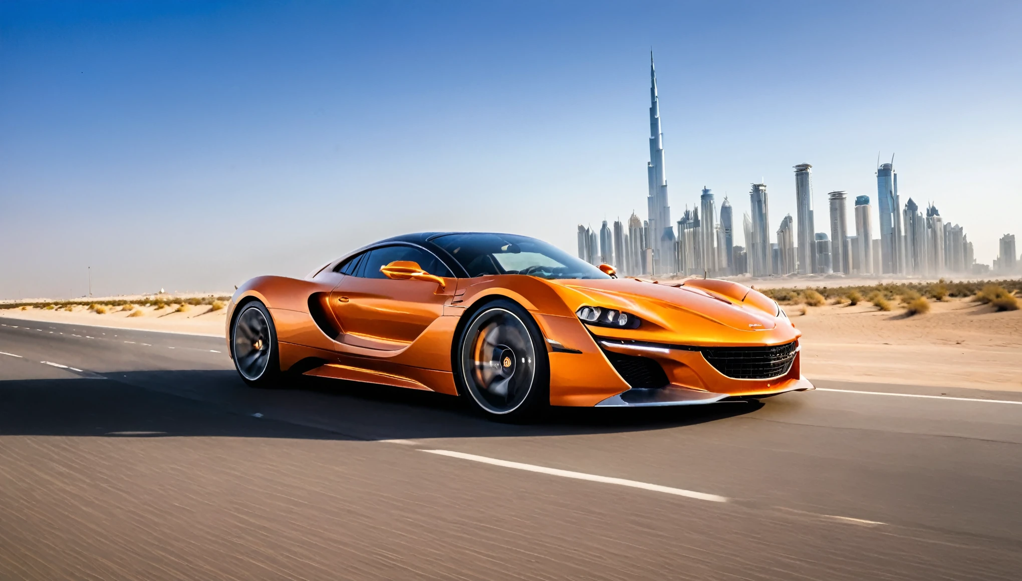 Create an image of a sleek, orange supercar speeding down an empty highway. The car is a high-performance sports model with a futuristic design, featuring aerodynamic curves and sharp edges. The scene is set in a vast desert with sandy dunes on either side of the road. In the background, a modern city skyline with towering skyscrapers, including distinctive buildings like the Burj Khalifa, rises dramatically against a clear blue sky. The lighting is bright, suggesting a sunny day, and there is a lens flare effect from the sun. The perspective is dynamic, emphasizing the car's speed and power as it approaches the viewer, with the road lines converging towards the city in the distance.