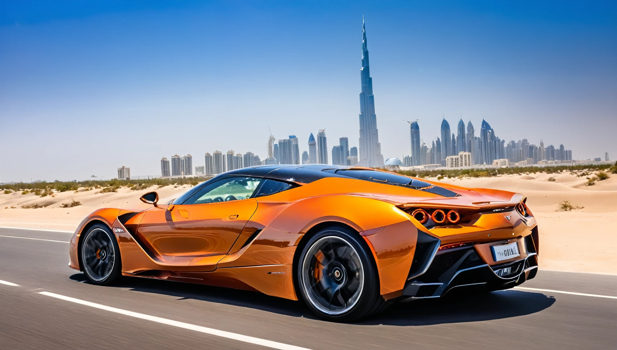 Create an image of a sleek, orange supercar speeding down an empty highway. The car is a high-performance sports model with a futuristic design, featuring aerodynamic curves and sharp edges. The scene is set in a vast desert with sandy dunes on either side of the road. In the background, a modern city skyline with towering skyscrapers, including distinctive buildings like the Burj Khalifa, rises dramatically against a clear blue sky. The lighting is bright, suggesting a sunny day, and there is a lens flare effect from the sun. The perspective is dynamic, emphasizing the car's speed and power as it approaches the viewer, with the road lines converging towards the city in the distance.