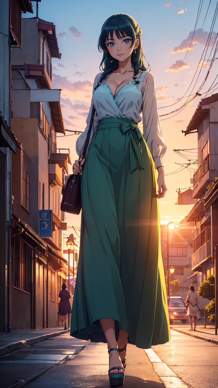 ((Best quality)), ((masterpiece)), (anime), a beautiful sexy woman walking  in a long skirt, a blouse and platform high heels, blue eyes, green hair, smooth skin, cleavage, ((full body)), smile, shoulders exposed, anime, green eyes, maomao, Under street lights, ((Sunset Dusk)), (((park))), curvu body, ((woman)),