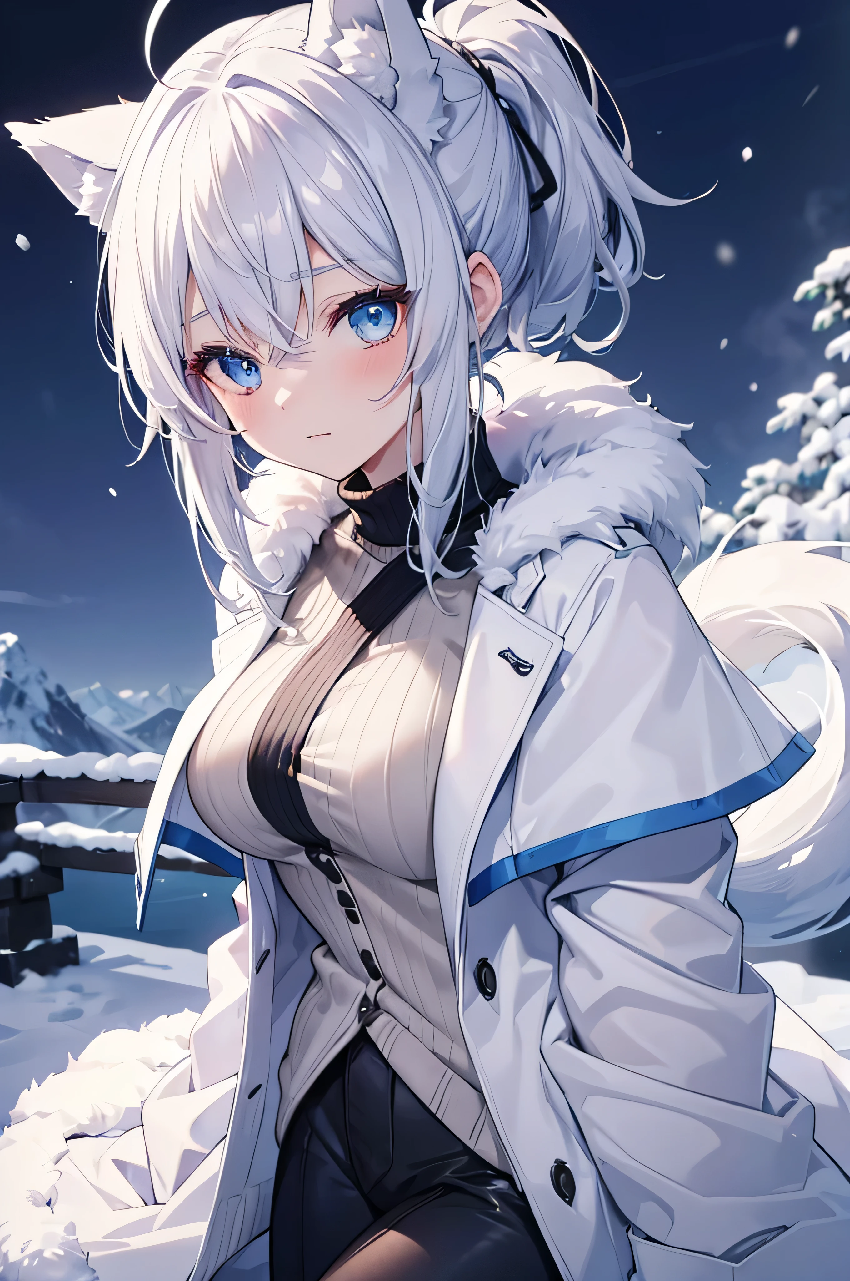 4K,High resolution,one woman,silver hair,short ponytail,wolf ears,wolf tail,blue eyes,big breasts,,snow mountain,coat,show your shoulders,fur,sweater,