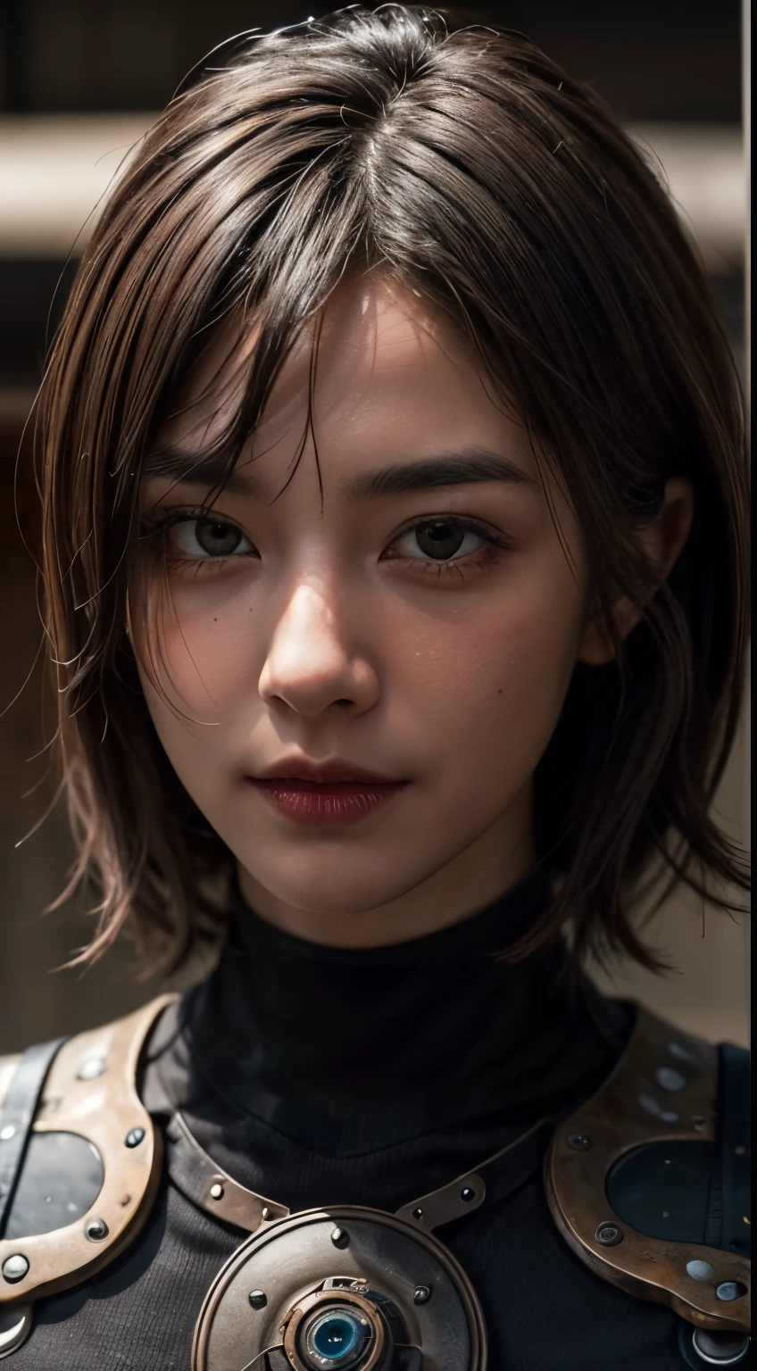 steampunkai, inventor working on a timemachine, a girl, bronze brown wolfcut hair, extremely detailed face, extremely detailed eyes, 8k, starring at camera, zoom out