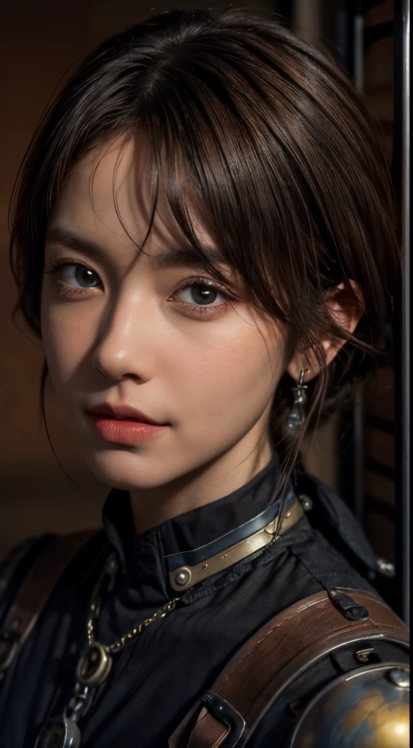steampunkai, inventor working on a timemachine, a girl, bronze brown wolfcut hair, extremely detailed face, extremely detailed eyes, 8k, starring at camera, zoom out