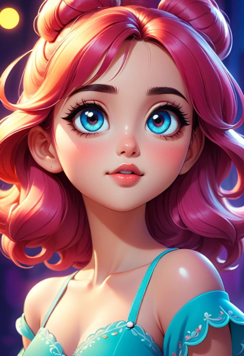 A(1 girl), cute anime style cartoon character, detailed facial features, big bright eyes, long eyelashes, small nose, full lips, cinematic lighting, vibrant colors, 90s cartoon style, soft textures, dreamy expression, playful pose, intricate background details, fantasy elements, beautiful detailed illustration, 8k, high quality, photorealistic