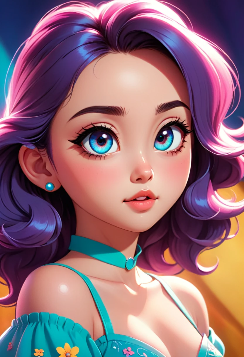 A(1 girl), cute anime style cartoon character, detailed facial features, big bright eyes, long eyelashes, small nose, full lips, cinematic lighting, vibrant colors, 90s cartoon style, soft textures, dreamy expression, playful pose, intricate background details, fantasy elements, beautiful detailed illustration, 8k, high quality, photorealistic
