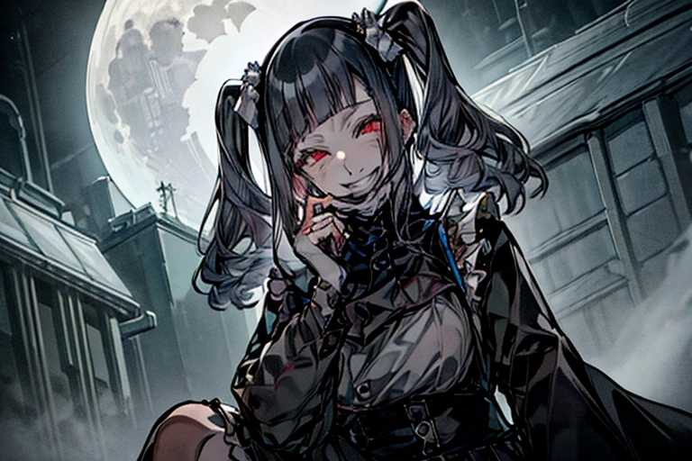 White Mask、surgical mask, From below、Low - Angle、From below、full moon、night、🌕、Black pleated skirt、Horror、Goth Punk、Long Hair、Twin tails、Disheveled Hair、length、Blunt bangs、Ahegao ( fool / Sexual Ecstasy)、Dark shades、Maid、Black Hair、Grinning smile