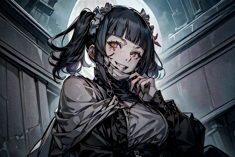 White Mask、surgical mask, From below、Low - Angle、From below、full moon、night、🌕、Black pleated skirt、Horror、Goth Punk、Long Hair、Twin tails、Disheveled Hair、length、Blunt bangs、Ahegao ( fool / Sexual Ecstasy)、Dark shades、Maid、Black Hair、Grinning smile