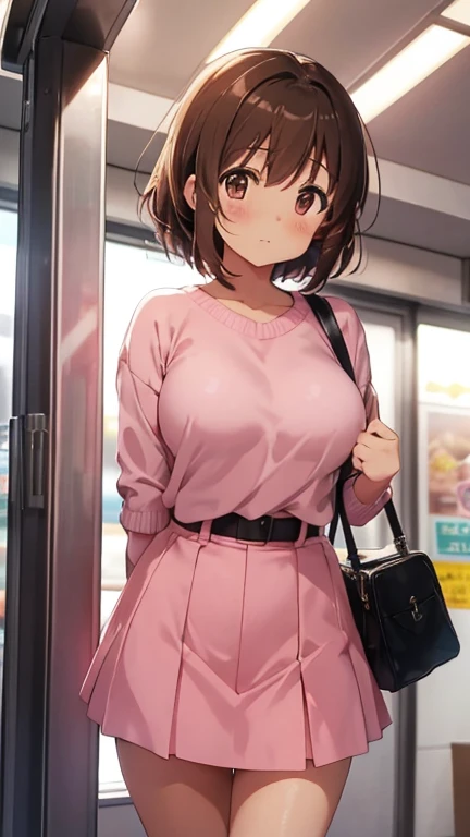 Maho Nishizumi,
Pink Sweater,Pink Skirt,
Semi-short hair,Brown Hair,Brown Eyes,Big Breasts,
Close both eyes,blush,narrow your mouth,from the front,
Sunset Station,Upright posture,At least one black shoulder bag,
Beautiful image quality,