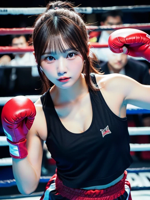 high quality,High resolution,16k,Sharp lines,1 girl,Female Boxers,Fighting pose,Cute Face,Big Breasts,Beautiful legs,At the boxing venue,Focus Girl,Beautiful face in every detail,Detailed clothing,Beautiful Eyes,nice,Dynamic Angle,Asian,Realistic, Photorealism