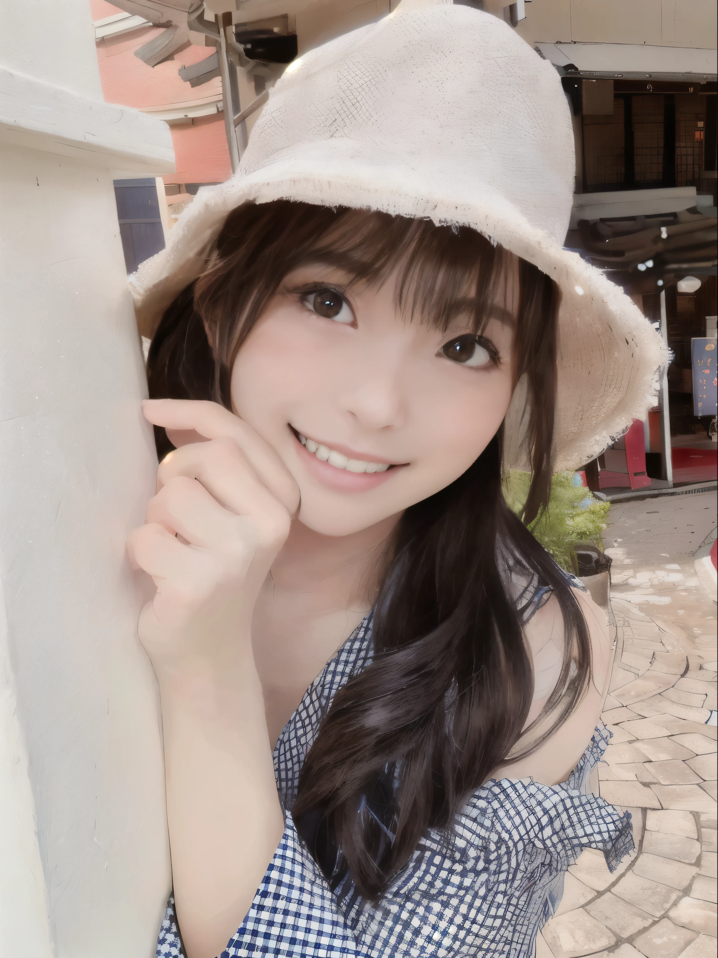 A girl in her fifties wearing a hat and leaning against a wall, Girl cute beautiful face, Young and pretty Asian face, Ulzzang, Beautiful Japanese girl face, Chiho, 8K Selfie, With a cute - lovely - face, Cute smile, Cute Smile, Yoshitomo Nara, pretty girl, Wearing a cute hat