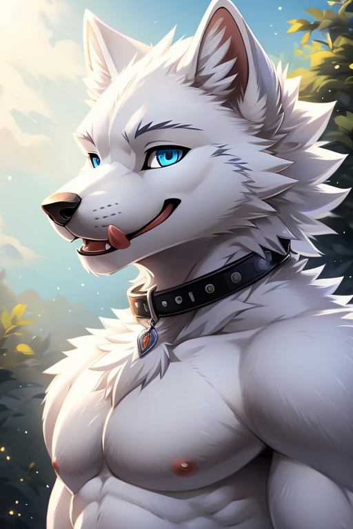 (arctic wolf), Anthropomorphic white wolf, solo, (Pure white face), (all white fur:1.5), (Collar), (Perfect blue eyes:1.4), （artist:Takemoto Arashi）, twitchemote, Mature face, elder, Clear facial details, glint, Side of the character, Look at the camera, longeyelashes, fang, seductive smile, Exposing the chest, licking lips, ((Show upper body)), ((bust)), Full body portrait, Tonalism, head out of frame, outside border, tachi-e, high details