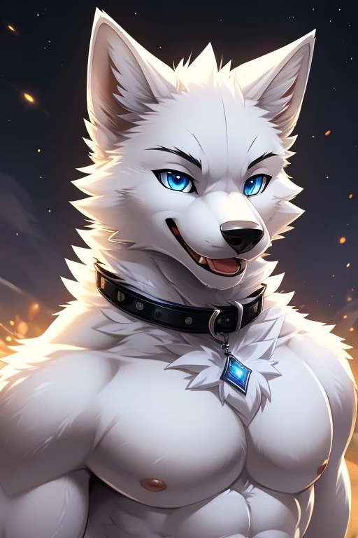 (arctic wolf), Anthropomorphic white wolf, solo, (Pure white face), (all white fur:1.5), (Collar), (Perfect blue eyes:1.4), （artist:Takemoto Arashi）, twitchemote, Mature face, elder, Clear facial details, glint, Side of the character, Look at the camera, longeyelashes, fang, seductive smile, Exposing the chest, licking lips, ((Show upper body)), ((bust)), Full body portrait, Tonalism, head out of frame, outside border, tachi-e, high details