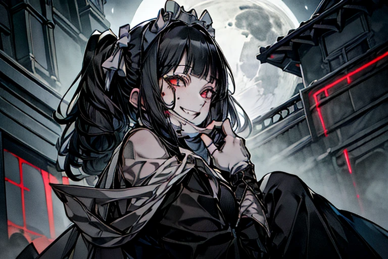 White Mask、surgical mask, From below、Low - Angle、From below、full moon、night、🌕、Black pleated skirt、Horror、Goth Punk、Long Hair、Twin tails、Disheveled Hair、length、Blunt bangs、Ahegao ( fool / Sexual Ecstasy)、Dark shades、Maid、Black Hair、Grinning smile