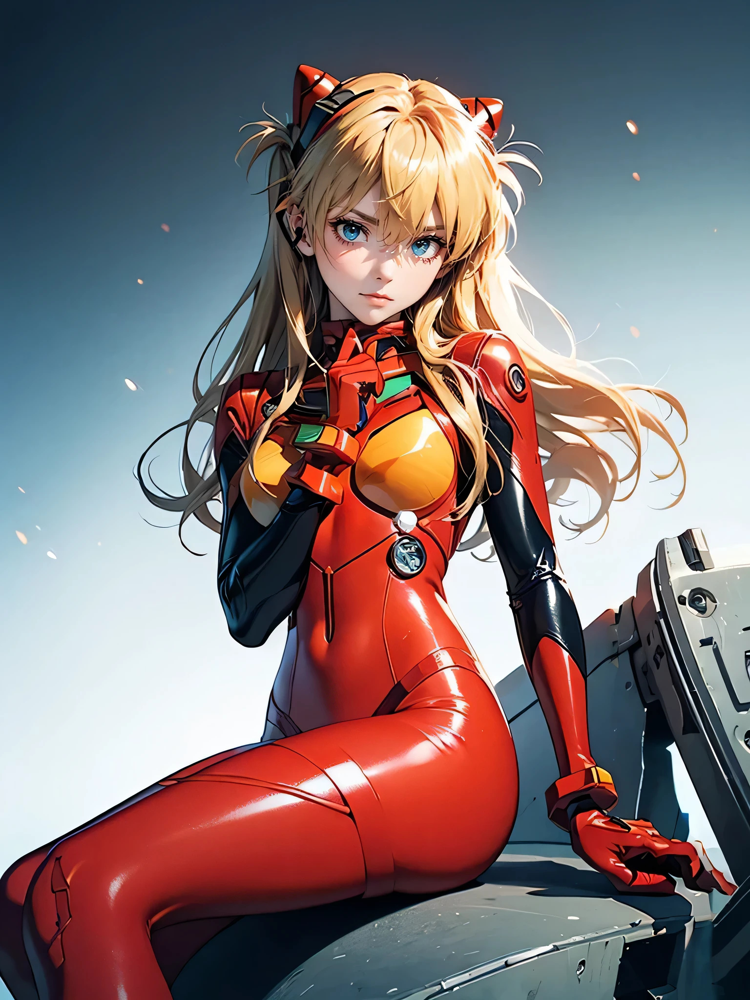 Realistic wide-angle photos,Dynamic angle,Extremely detailed, illustration, close up, straight on, 1 Girl, ((Muneru Asuka Langley, Interface Headphones, Red tights:1.4, Blonde)),Her eyes shone like Dreamy stars,(Glowing eyes:1.233),(Beautiful and delicate eyes:1.1),(Poker face,Shut up),(permanent), Dreamy, [[Slender fingers and hands:0.55]::0.85],(Detail fingers)
