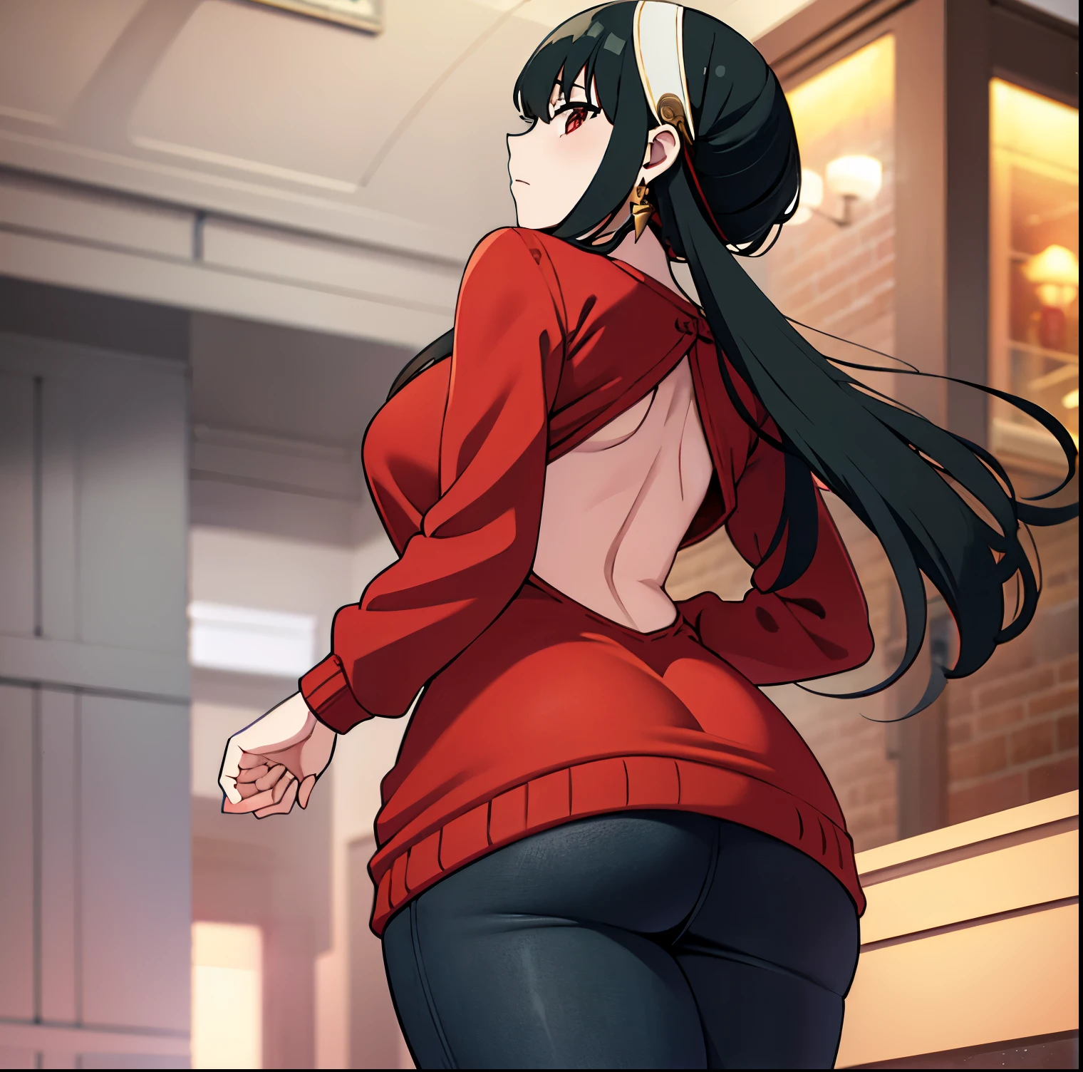 1girl,alone,yor forger,masterpiece,best quality,high resolution,long hair,black hair,white headband,red eyes,golden earrings,big breasts,waist medium, wide hips, wide thighs, round butt, jewelry, bare shoulders, red sweater, sweater dress, long sleeves, backless black pantyhose, perfect hands,perfect anatomy, jean shot, looking at viewer, looking back, from behind, focus on ass, point of view (from below), standing, outdoor