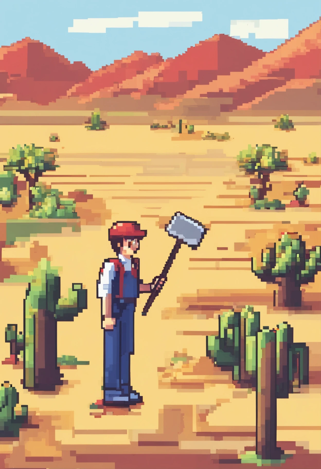 Boy with a jumbo yellow dustpan and red 8inch shrub rake scooping multiple piles of dog poop for dog in desert landscape cartoon