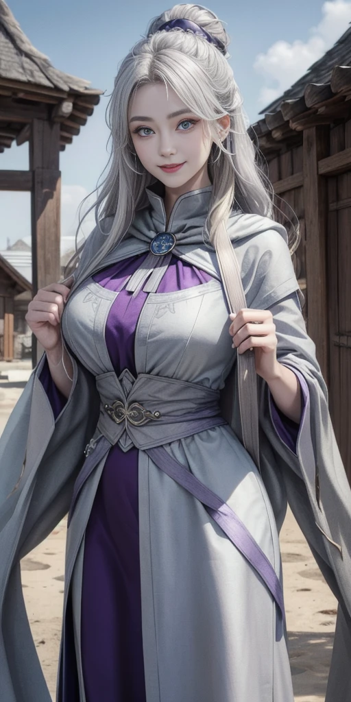 (Triplets)(chest covered)(smile)Gray skin, pale golden hair and violet eyes. They prefer clothing of white and silver with cloaks of deep blue or purple,village background, huge_knockers, ((very precise detailed)), ((highres)